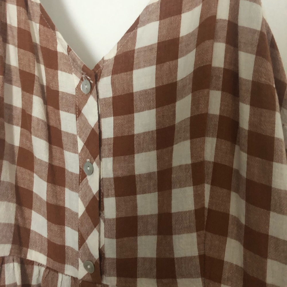 Autumnal brown + white gingham dress with pockets.
